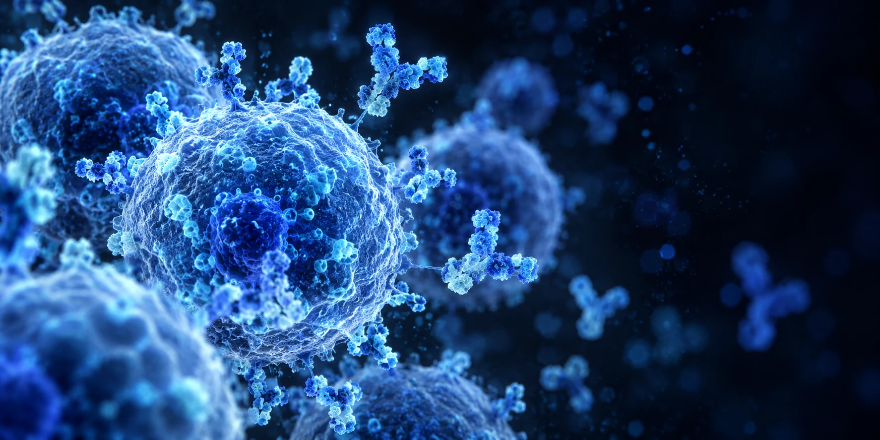 Fluorescent blue cellular structures viewed at microscopic scale